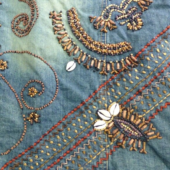 Chicos Design Embellished Denim Jacket Beaded Floral Embroidery Button Front Wom - Picture 13 of 15